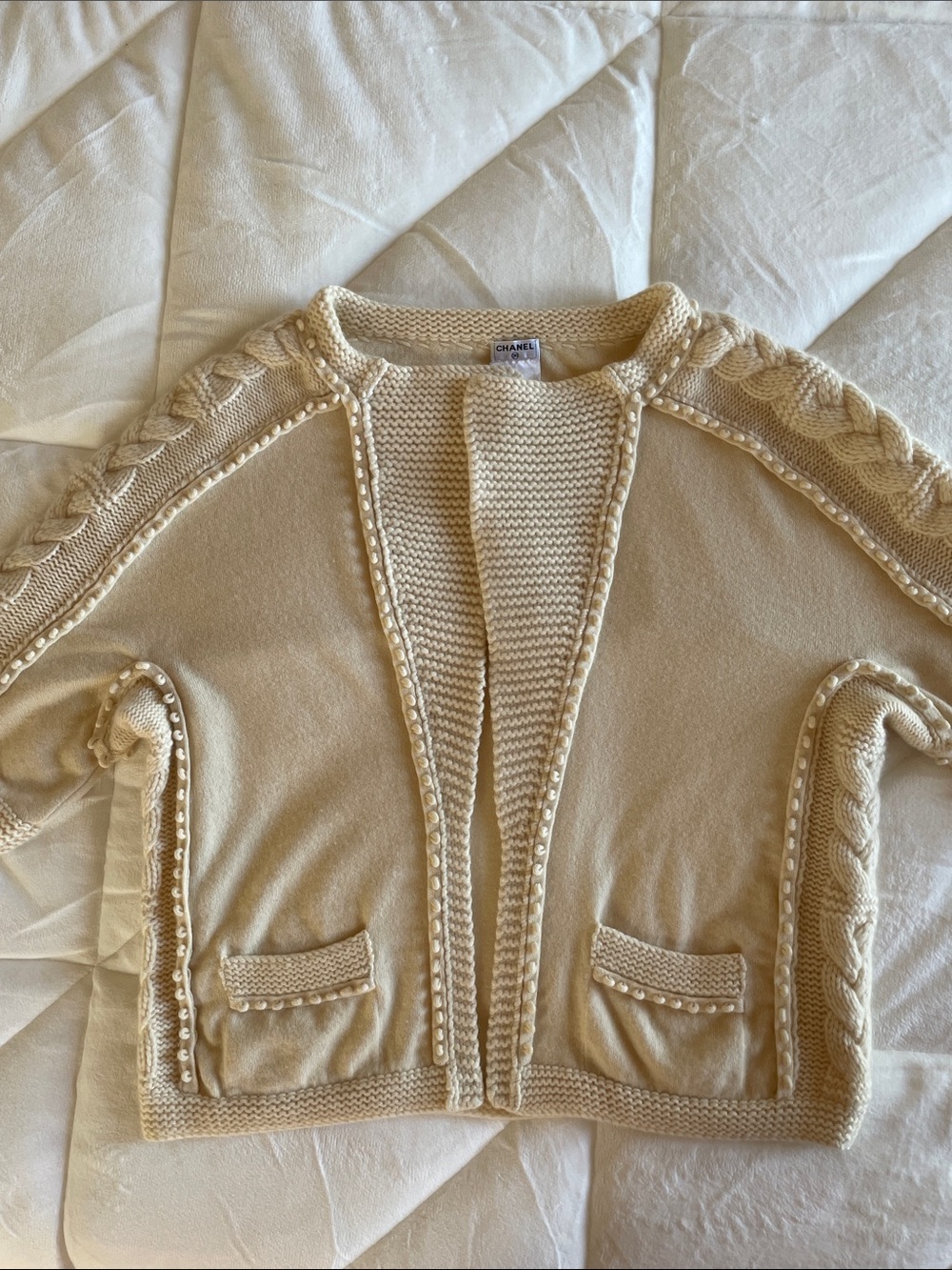 Auth.CHANEL Cream Cable Knit Cardigan Sweater Bolero Loose Fit 38 - Picture 3 of 16